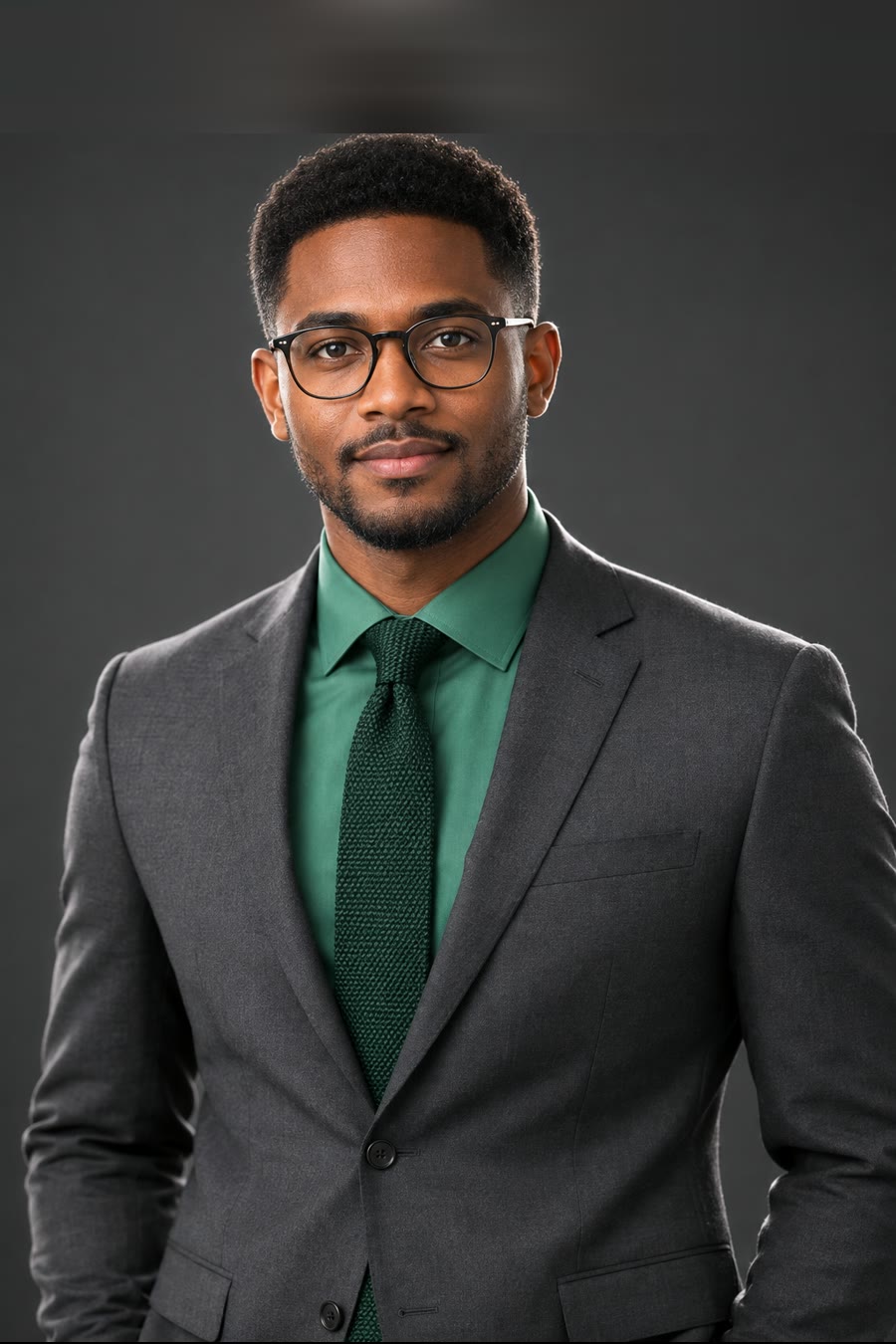 Marcus Boateng, frontend engineering — a man in a charcoal suit, jade shirt and knitted tie