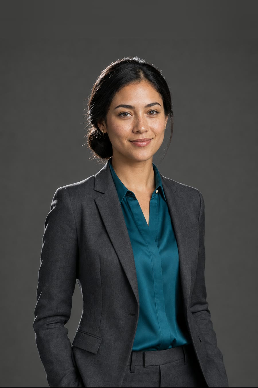 Sofía Marín, motion & 3d — a woman in a charcoal blazer and teal blouse