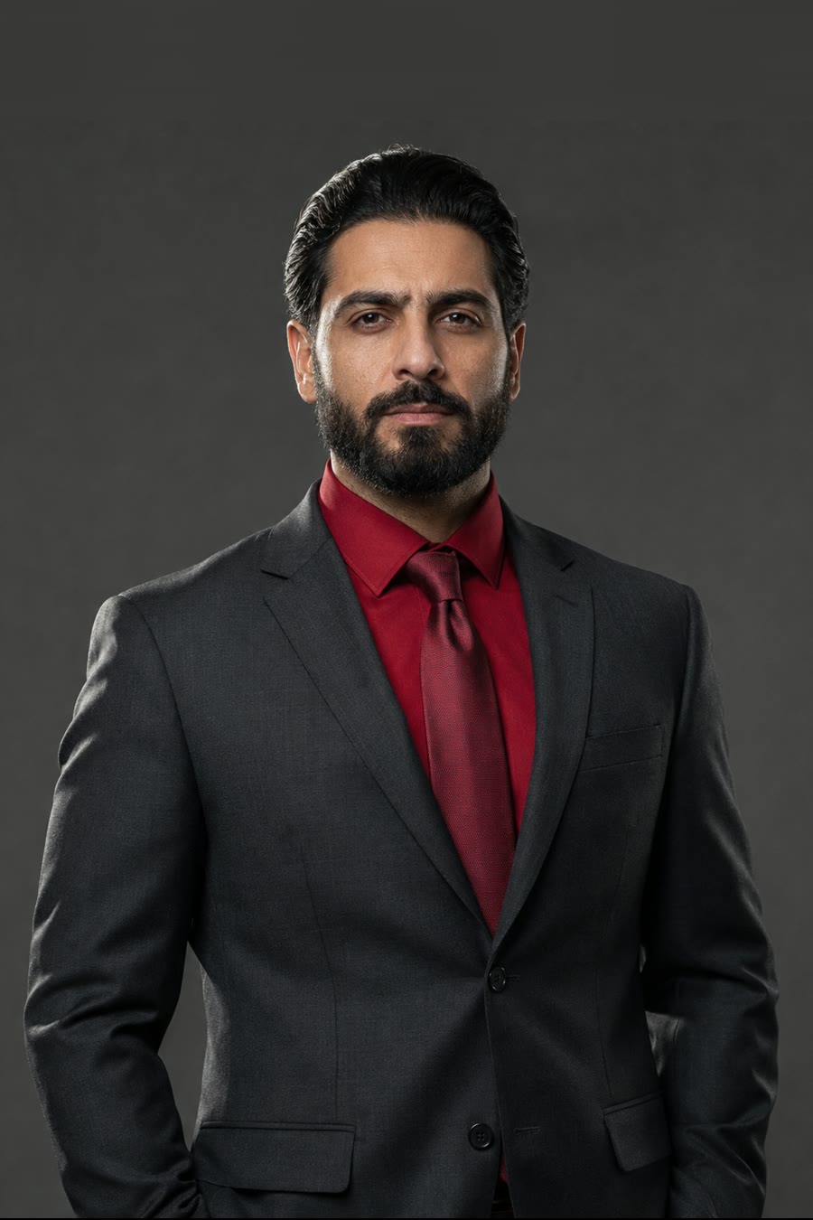 Karim Haddad, art direction — a man in a charcoal suit, red shirt and tie