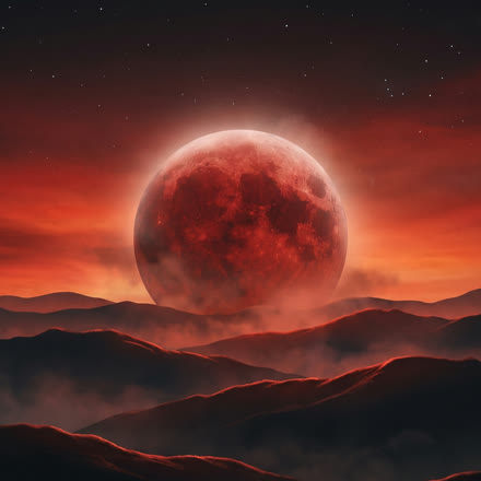 Analogue Heart — a blood-red moon rising over dark hills