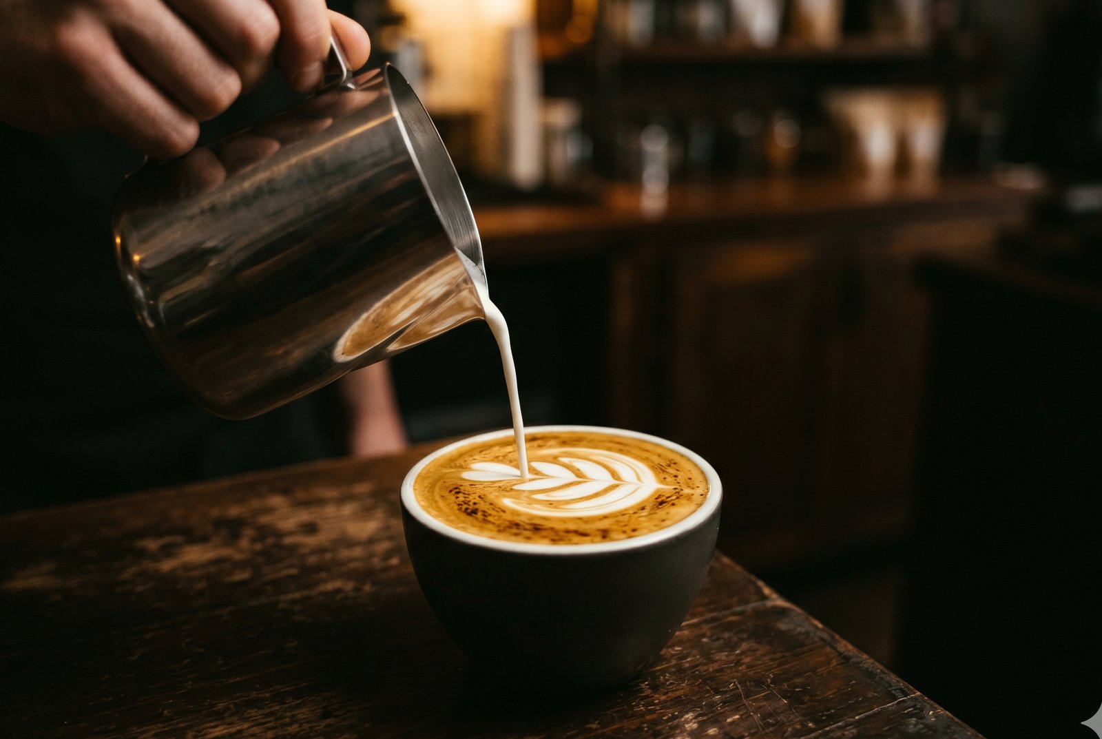 Steamed milk poured into espresso forming a rosetta in the golden crema