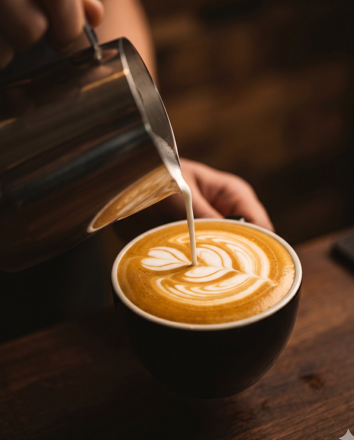 A pitcher folding steamed milk into espresso to form latte art
