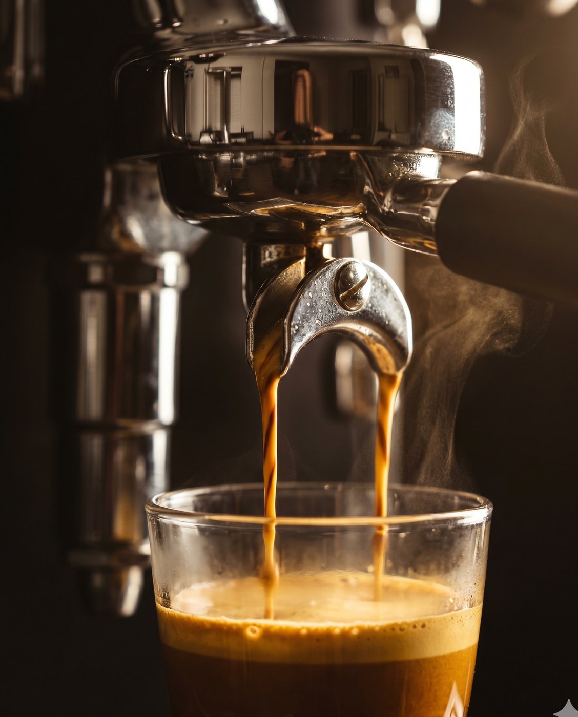 Twin ropes of espresso streaming from a chrome portafilter into a glass