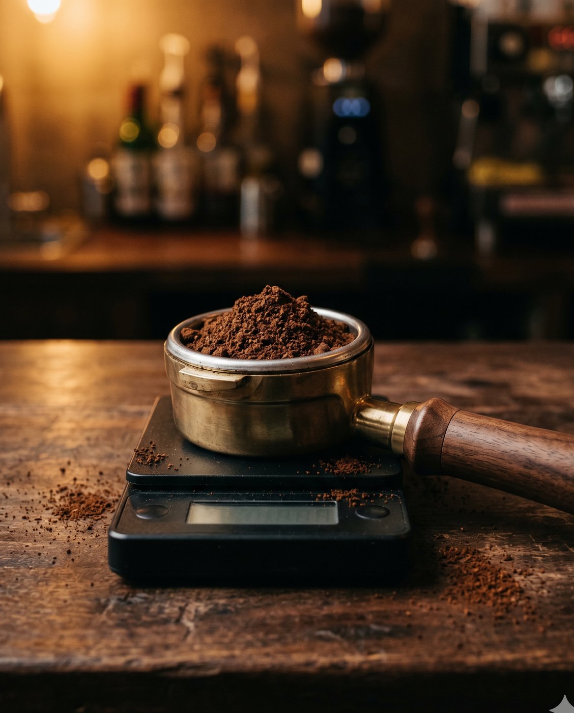 A portafilter dosed with finely ground coffee resting on a scale