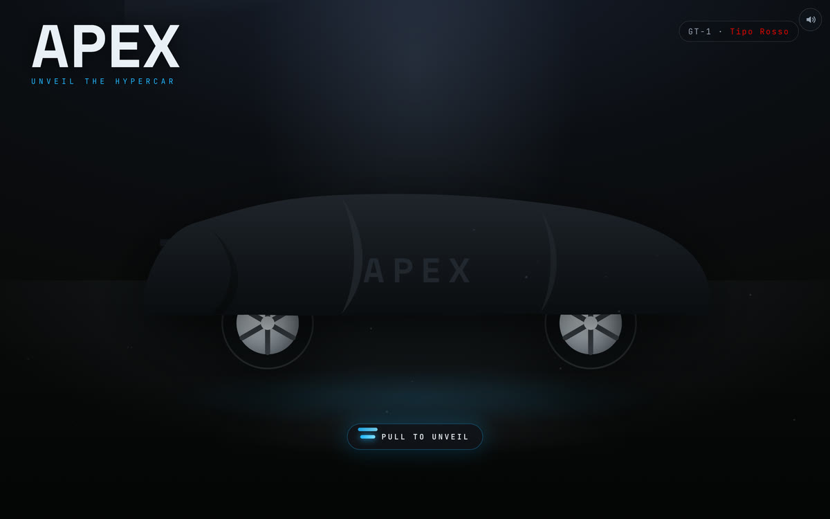 APEX — a hypercar silhouette under a cover in a spotlit garage