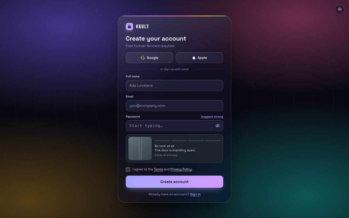 THE VAULT — a sign-up card whose password field carries a lock that upgrades