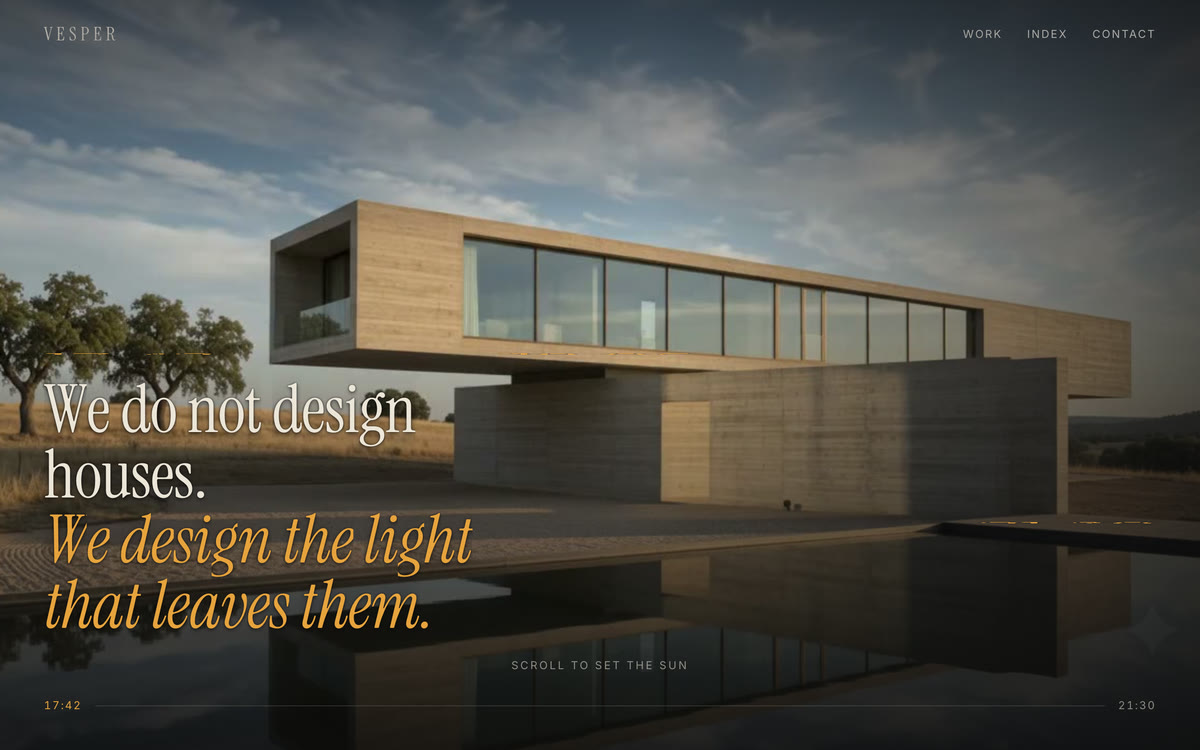 VESPER — a concrete house at dusk, the hero of a scroll-scrubbed film site