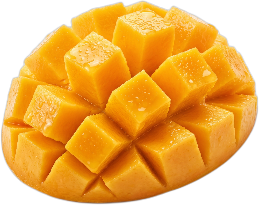 A mango cut hedgehog-style, golden cubes of juicy flesh fanned open