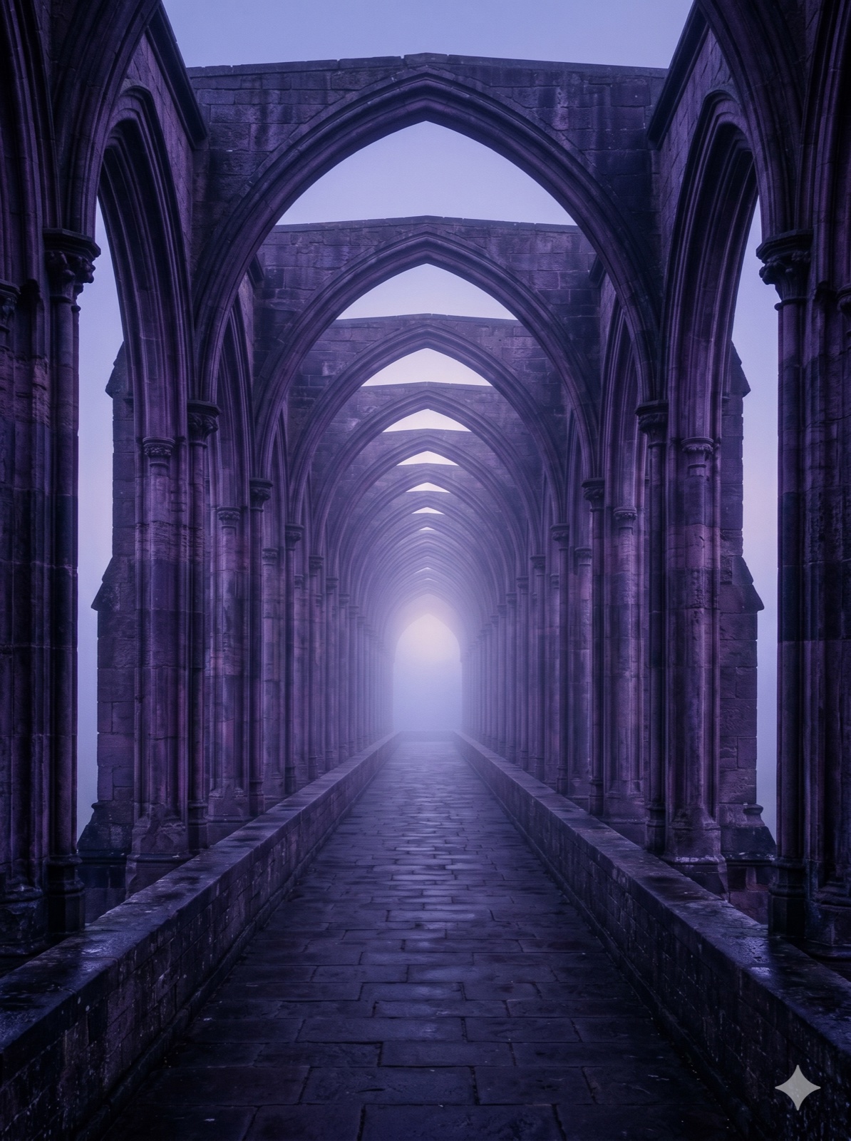 A long receding causeway of violet arches fading into mist