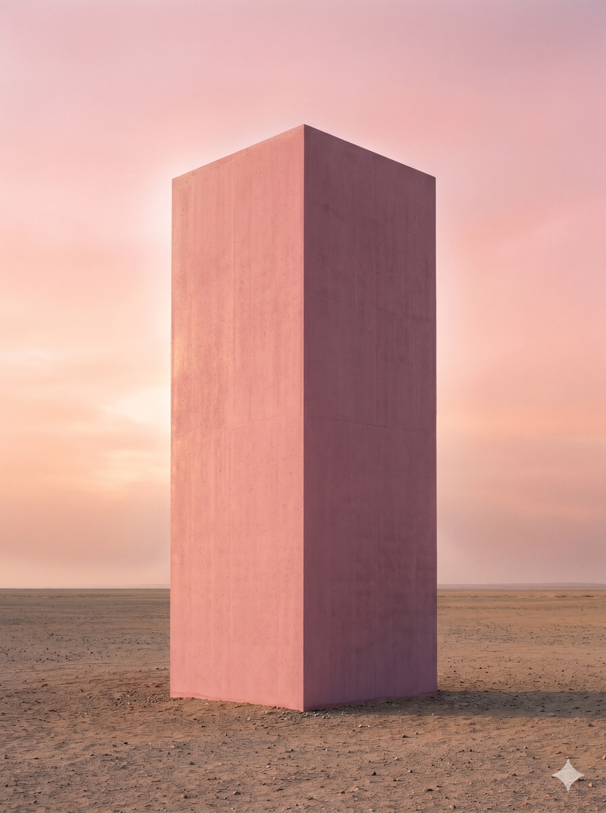 A colossal smooth rose-pink monolith block against a soft gradient sky