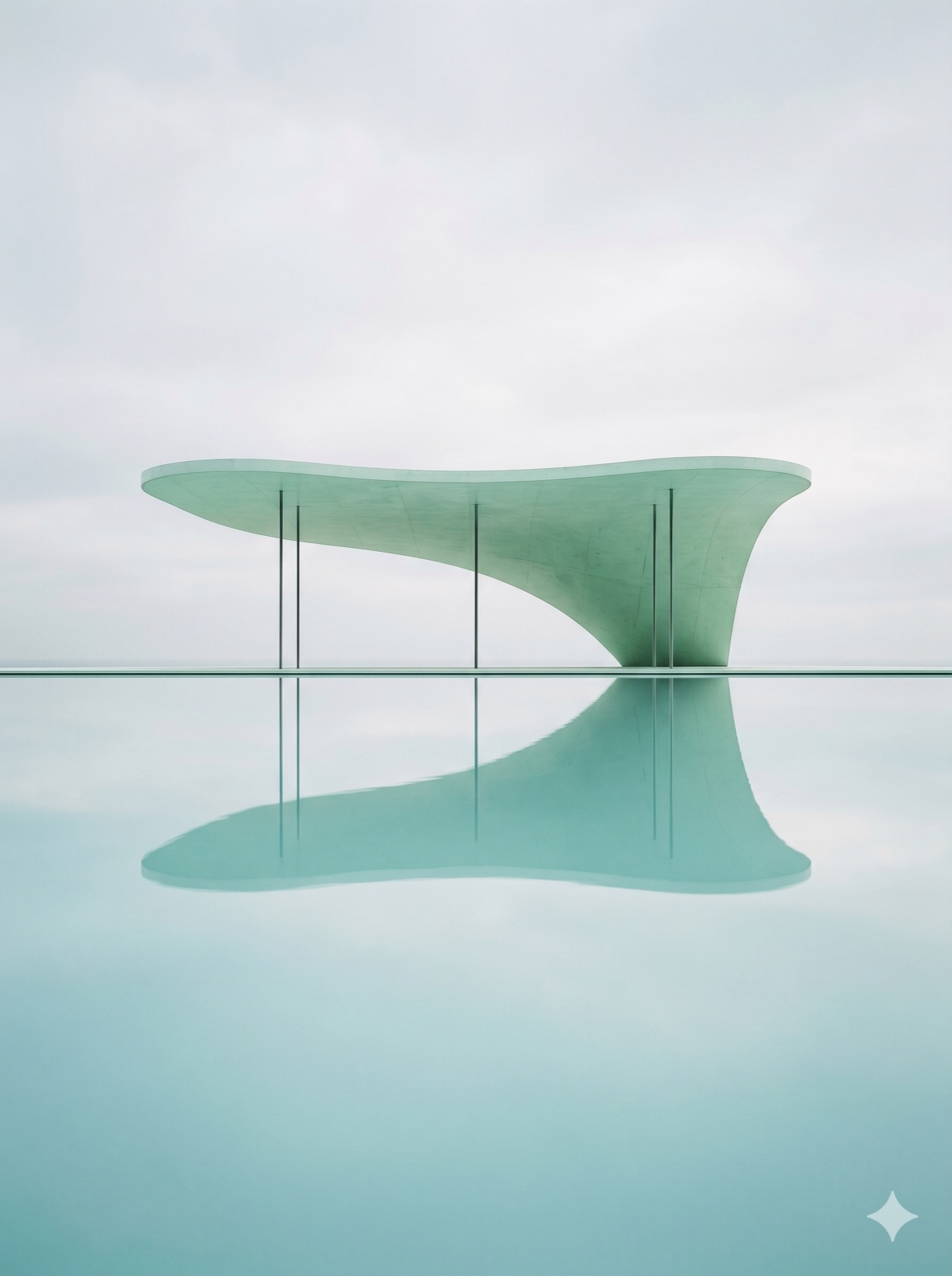 A minimalist curved mint-green pavilion reflected in a still pool