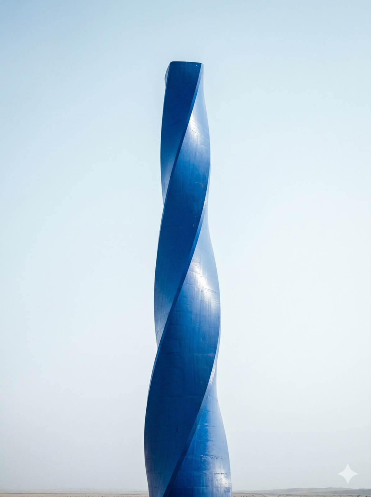 A lone twisting cobalt-blue tower against a pale sky