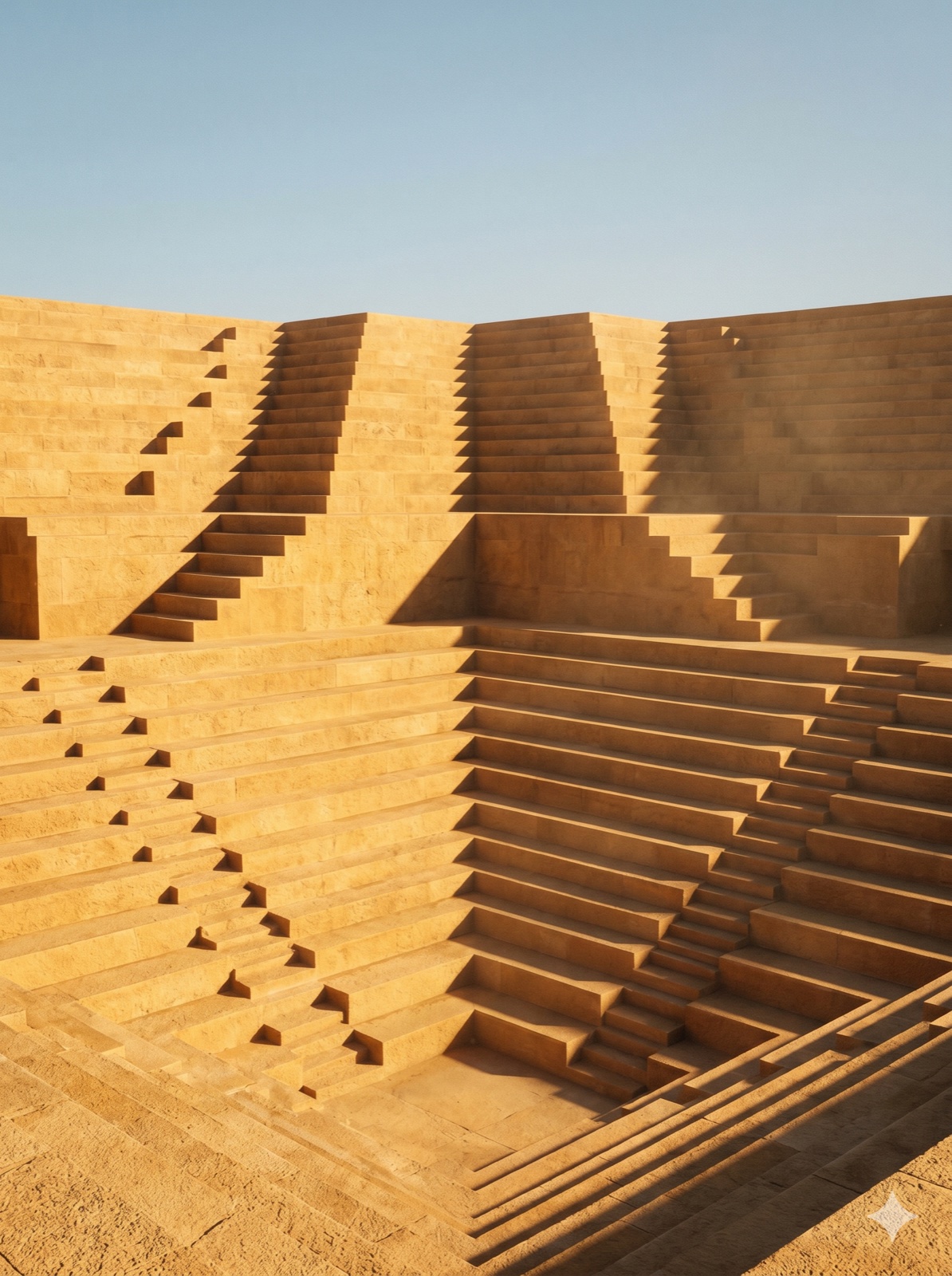A monumental geometric ochre staircase amphitheatre under clear sky
