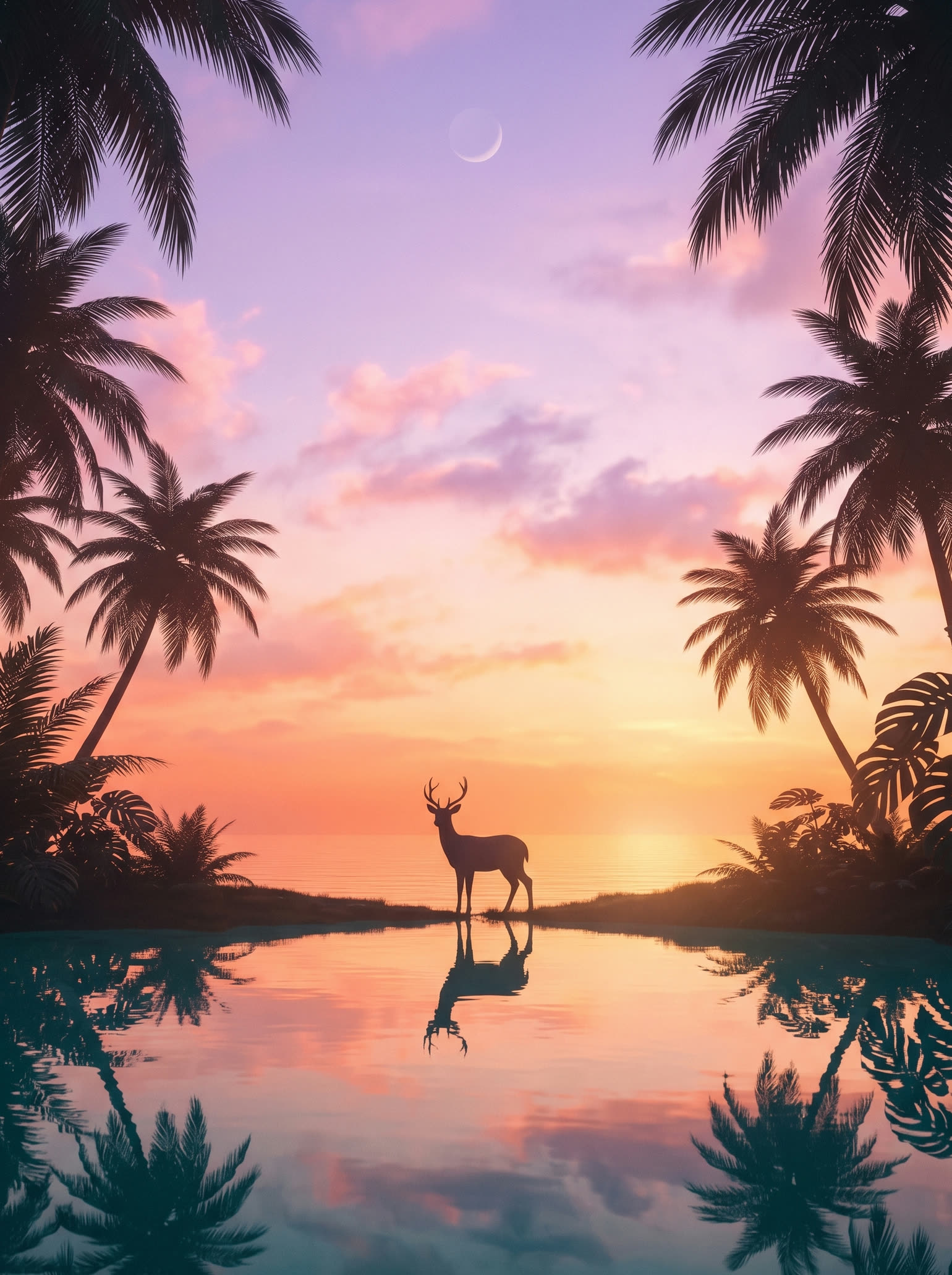 Tropical lagoon at sunset framed by palm trees with a lone deer silhouette