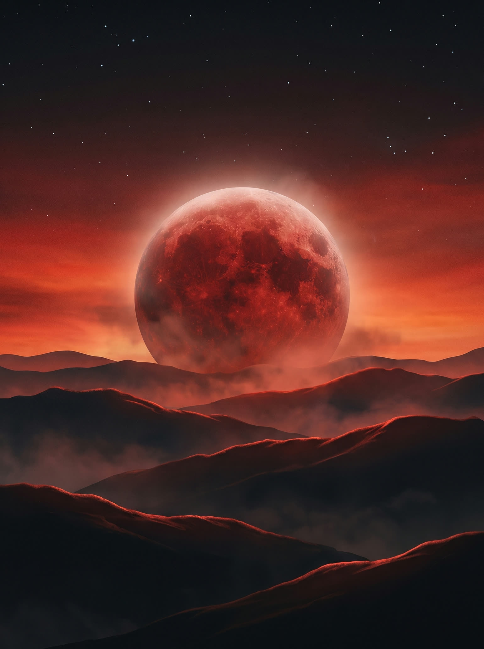 Enormous crimson blood moon over dark silhouetted rolling hills