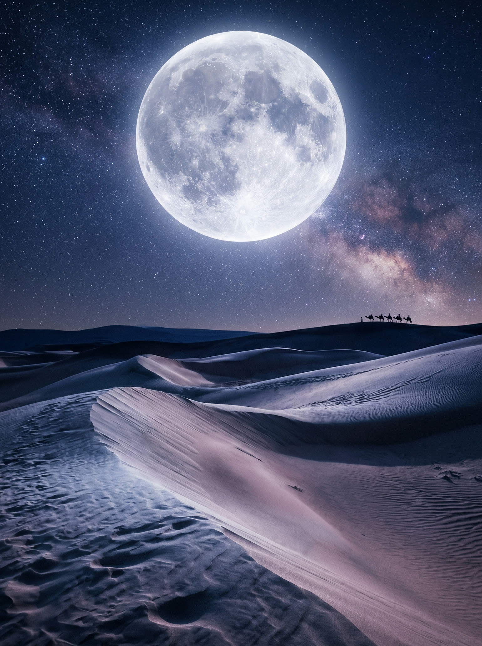 Pale full moon over rolling blue desert dunes at night