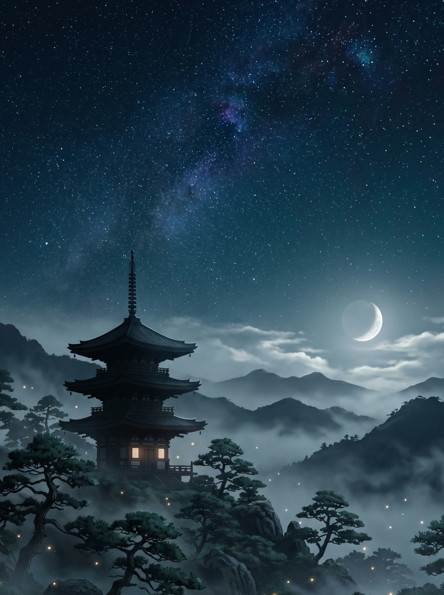 Silhouette of a Japanese pagoda under a vast starry night sky