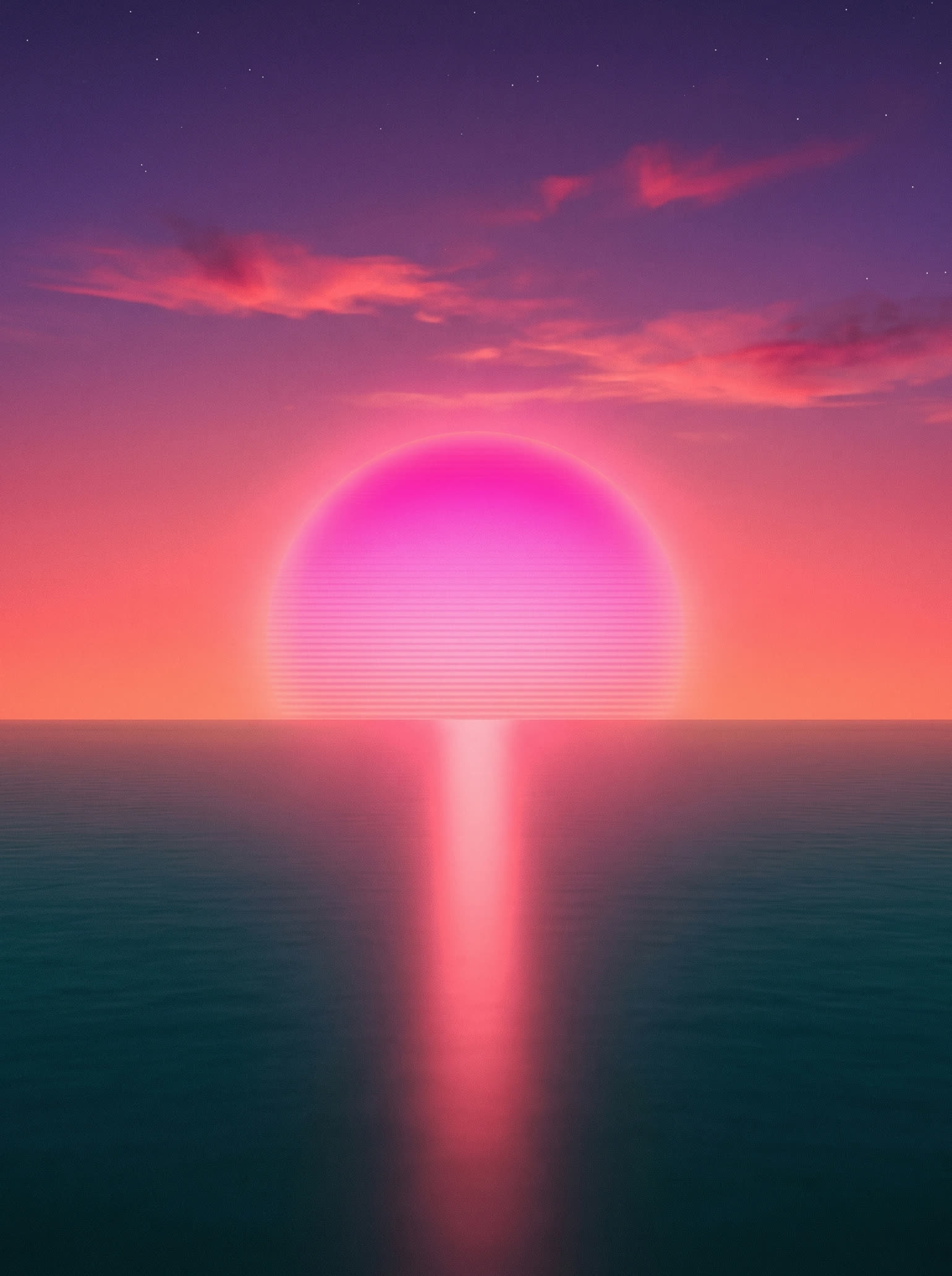 Giant magenta sun setting over calm mirror-still water